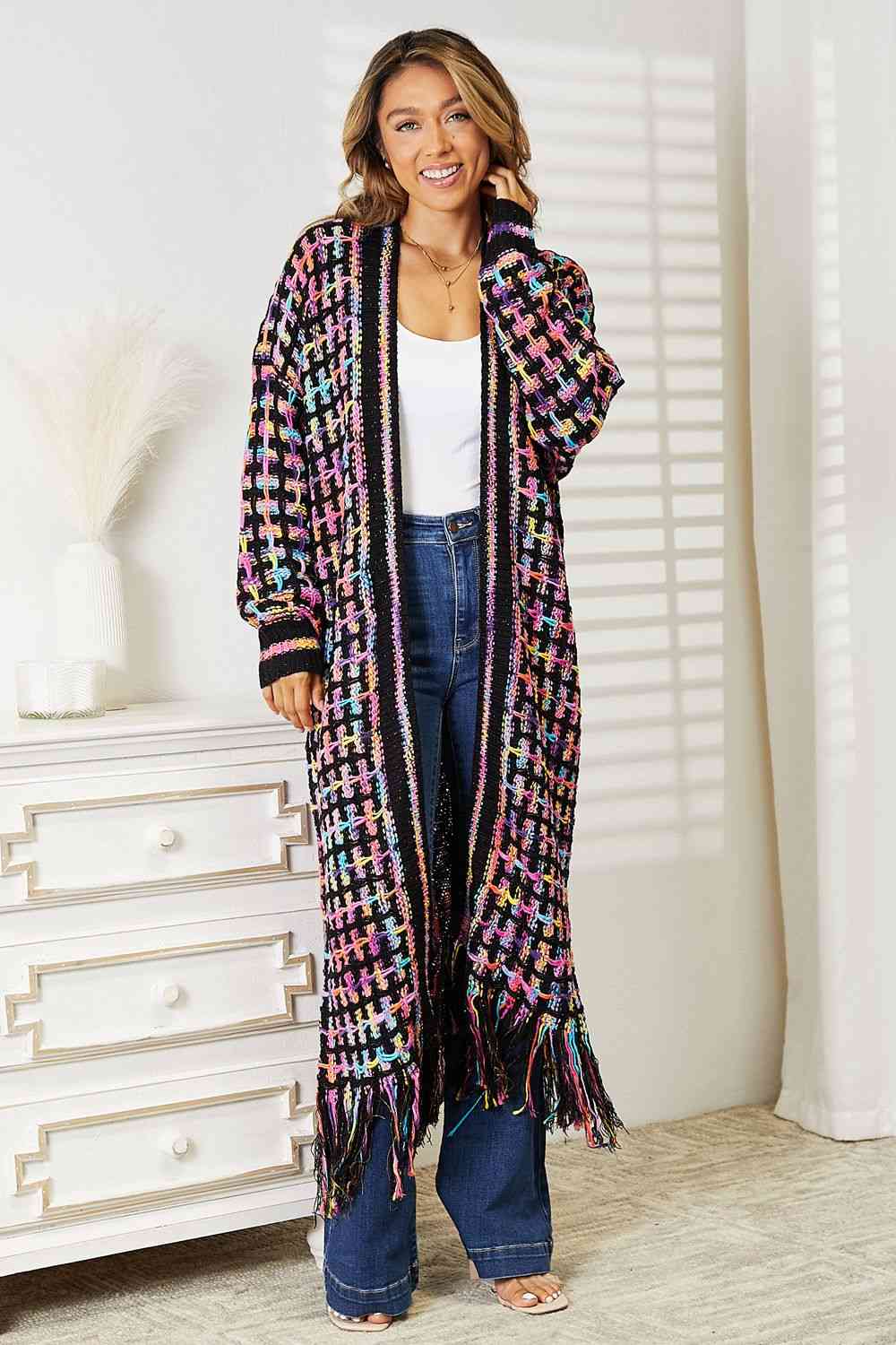 Multicolored fringe hem cardigan, full size, open front – Double Take