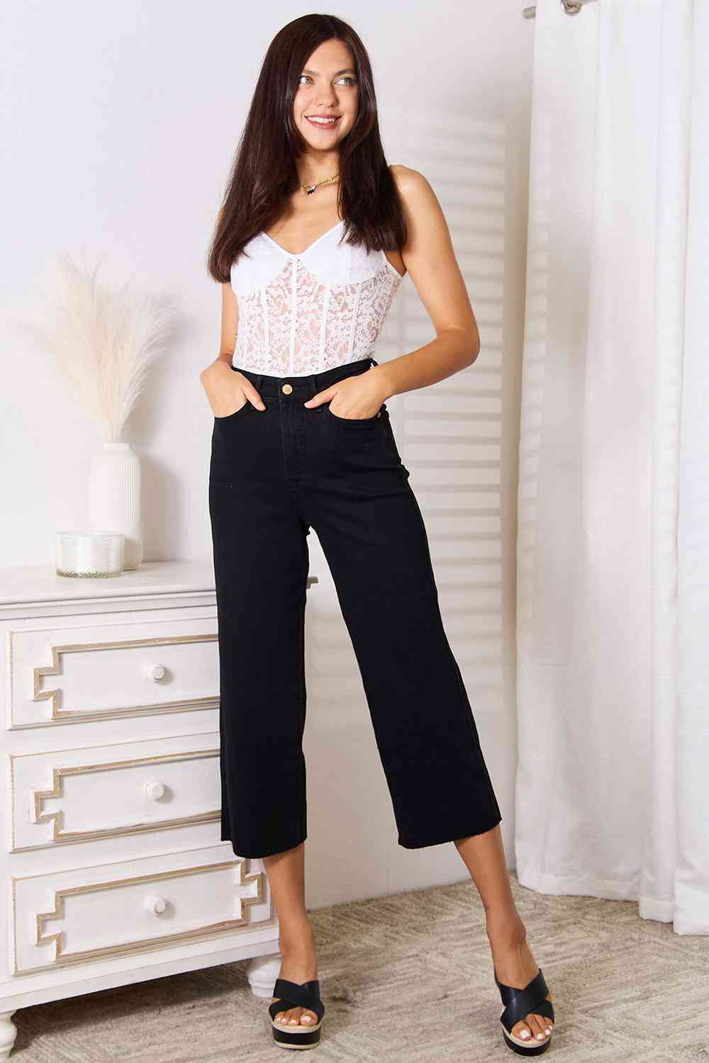 High Waist Wide Raw Hem Cropped Jeans