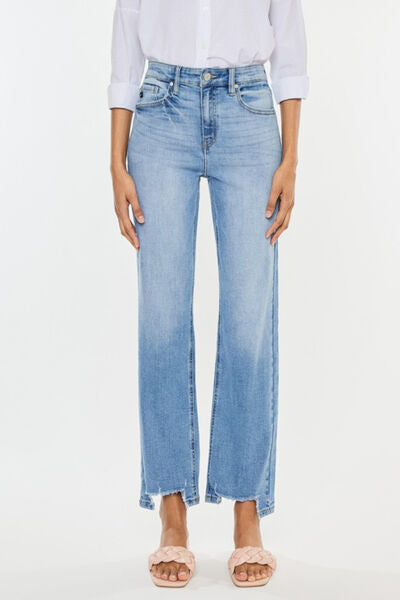 High Waist Raw Hem Straight Jeans