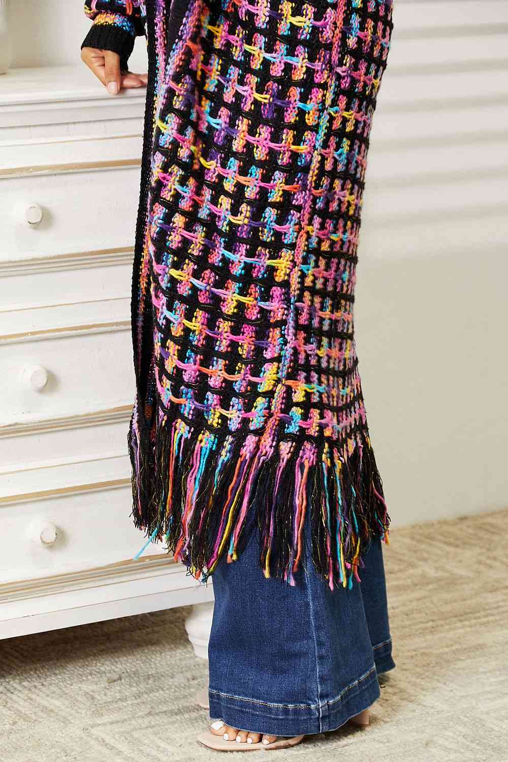 Multicolored fringe hem cardigan, full size, open front – Double Take