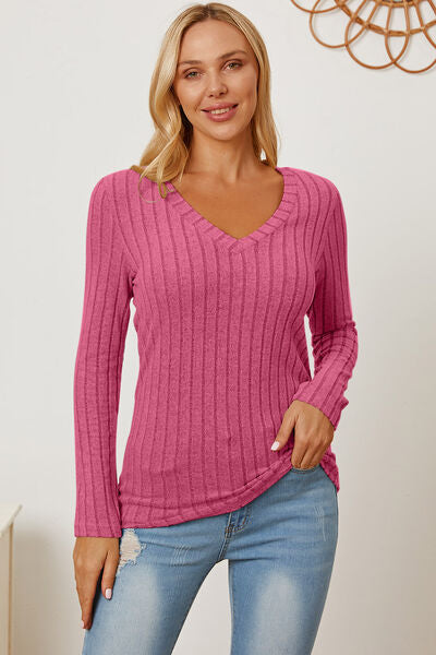 Ribbed V-Neck Long Sleeve T-Shirt