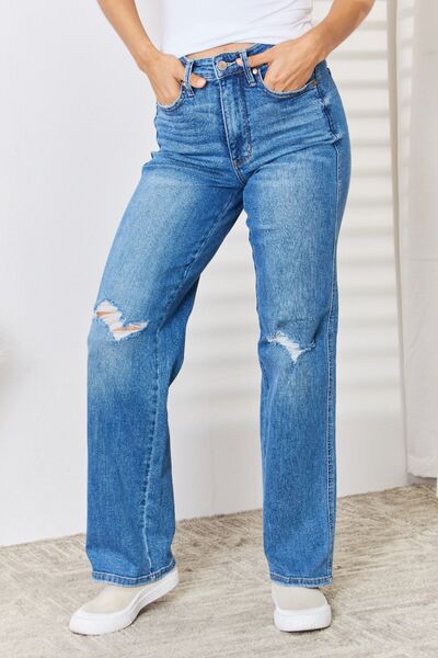 High Waist Distressed Straight-Leg Jeans