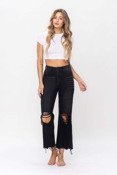 Vintage Ultra High Waist Distressed Crop Flare Jeans