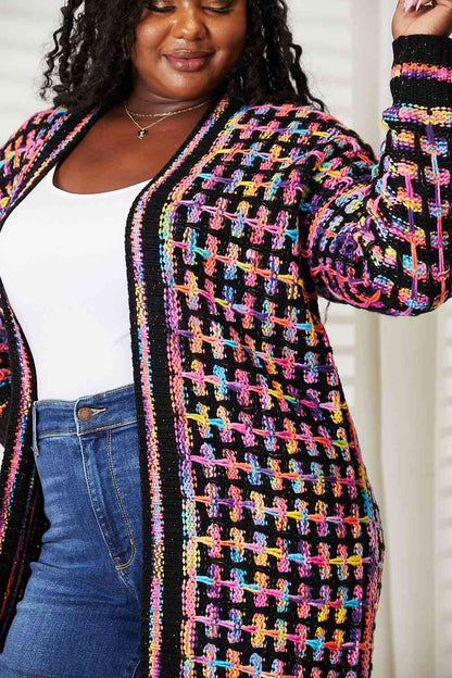 Multicolored fringe hem cardigan, full size, open front – Double Take