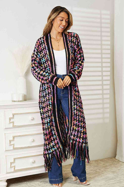 Multicolored fringe hem cardigan, full size, open front – Double Take