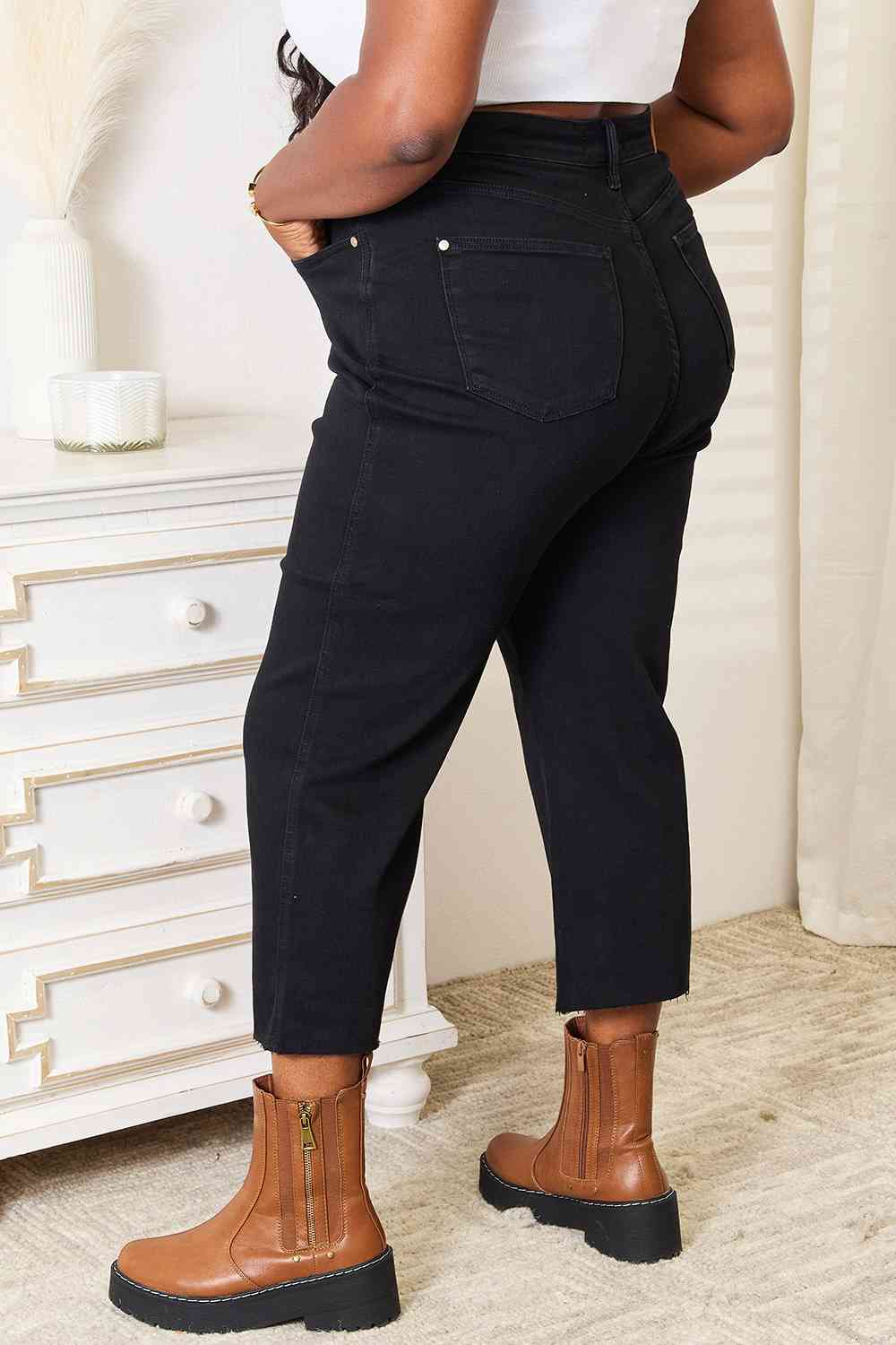 High Waist Wide Raw Hem Cropped Jeans