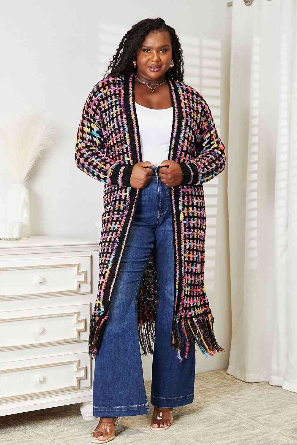 Multicolored fringe hem cardigan, full size, open front – Double Take