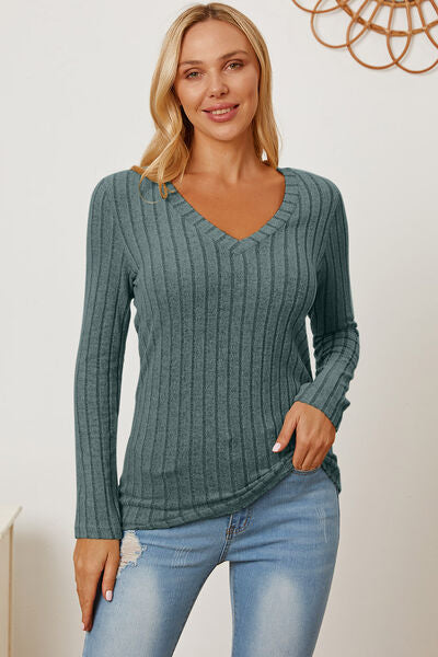 Ribbed V-Neck Long Sleeve T-Shirt