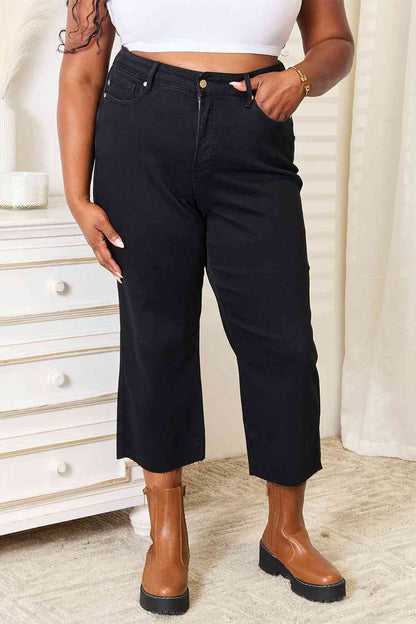 High Waist Wide Raw Hem Cropped Jeans