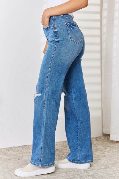 High Waist Distressed Straight-Leg Jeans