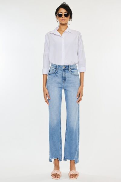 High Waist Raw Hem Straight Jeans