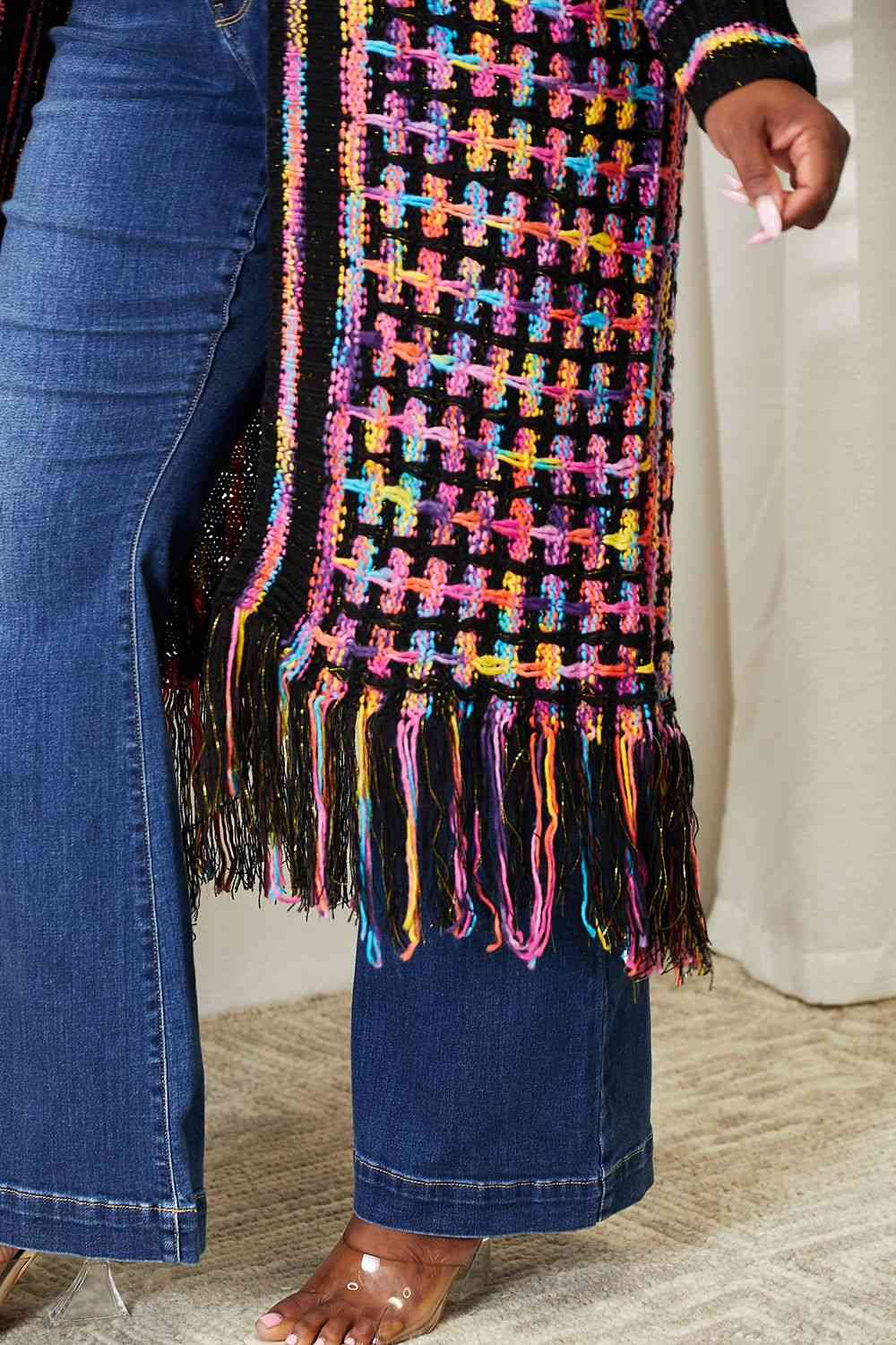 Multicolored fringe hem cardigan, full size, open front – Double Take