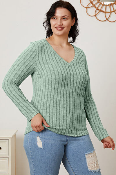 Ribbed V-Neck Long Sleeve T-Shirt