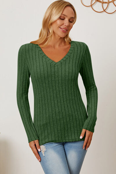 Ribbed V-Neck Long Sleeve T-Shirt