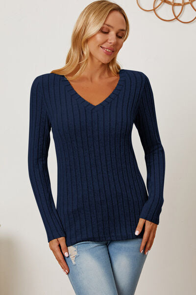 Ribbed V-Neck Long Sleeve T-Shirt