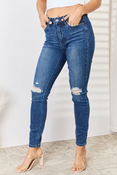 High Waist Distressed Slim Jeans