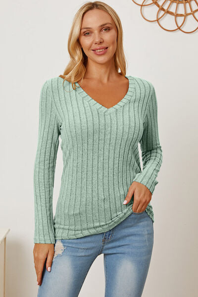 Ribbed V-Neck Long Sleeve T-Shirt