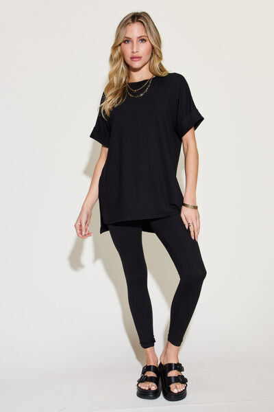 Plus Size Short Sleeve Slit T-Shirt and Leggings Lounge Set