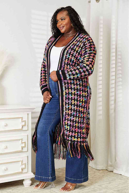 Multicolored fringe hem cardigan, full size, open front – Double Take