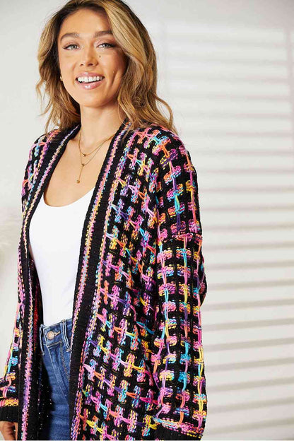 Multicolored fringe hem cardigan, full size, open front – Double Take